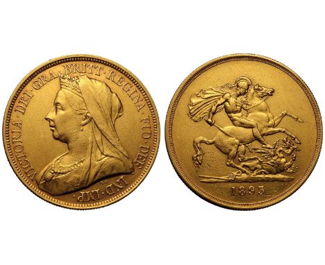 UNITED KINGDOM. Victoria, 1837-1901. Gold 5 Pounds (5 Sovereigns), 1893. Royal Mint London. Old, veiled and crowned bust of Q