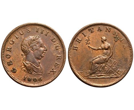 UNITED KINGDOM. George III, 1760-1820. Copper Halfpenny, 1806. Soho Mint. Laureate and draped bust of King George III facing 