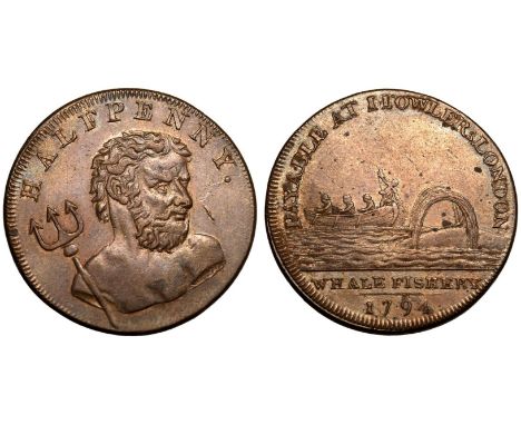 UNITED KINGDOM. MIDDLESEX . Fowler's Whale Fishery. Copper Halfpenny Token, 1794. Bust of Neptune with trident over right sho