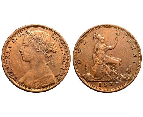 UNITED KINGDOM. Victoria, 1837-1901. Bronze Penny, 1877. Royal Mint. Young head ('Bun head') of Queen Victoria facing left, r