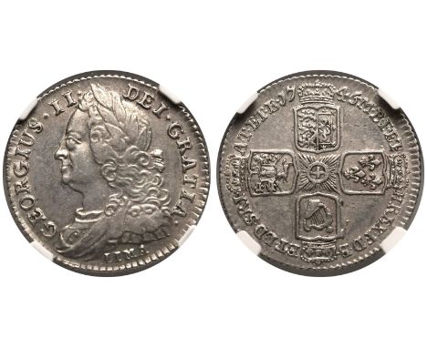 GREAT BRITAIN. George II, 1727-60. Silver Sixpence, 1745 LIMA. LIMA, Plain Angles. Older laureate and draped bust facing left