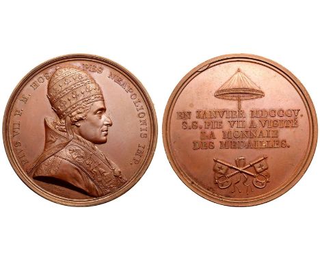 FRANCE. FIRST FRENCH EMPIRE. Napoleon I. Bronze Medal, 1805. Commemorating the visit of Pope Pius VII to the Paris Mint. Dual