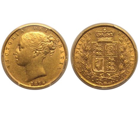 UNITED KINGDOM. Victoria, 1837-1901. Gold Sovereign, 1874. London. Shield. The 1874 London shield sovereign is one of the elu