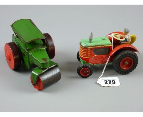 TWO TINPLATE CLOCKWORK VEHICLES a Gama West German tractor and driver with rubber wheels and steering action, 10.5 cms and a 