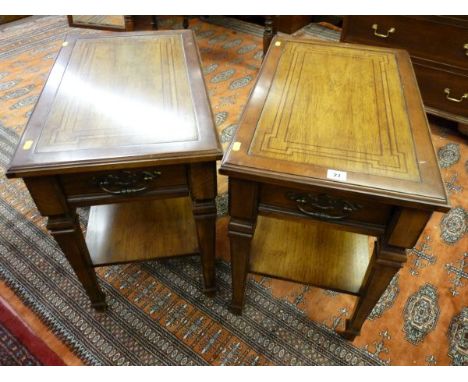 A PAIR OF BRANDT SINGLE DRAWER SIDE TABLES, rectangular top on block and shaped tapering supports with conjoining under tier 