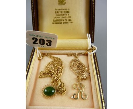 A FOURTEEN CARAT GOLD NECK CHAIN with letter 'K' pendant 2.8 grms and a fourteen carat gold neck chain with oval  jade style 