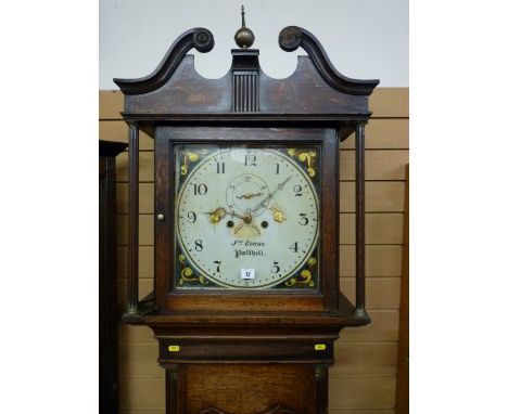 A LATE 18TH CENTURY OAK LONGCASE CLOCK, the hood with broken swan neck pediment and brass ball finial, single glazed door wit