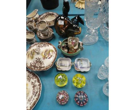 Eleven items of ceramic and resin animals, Sylvac Otter, Glass paperweights etc