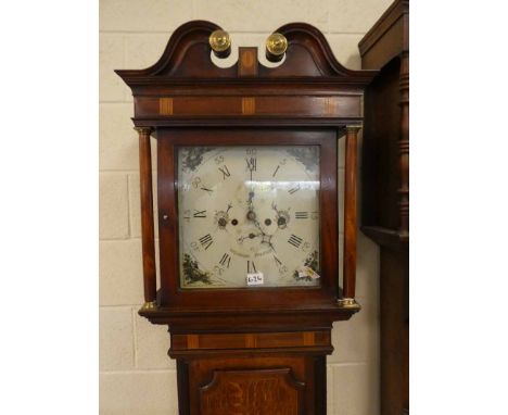 An 18th century oak twin train longcase clock with broken swan-neck pediment, the dial with birds nest painted spandrels and 