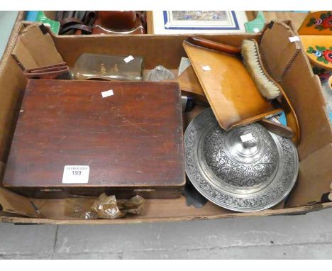 a box of mixed curios, compass, cig box etc