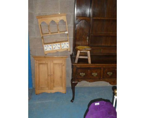 A Pine 2 Door wall cabinet, a wall mounted spice rack and a childs stool