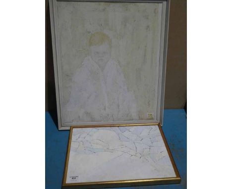 Edward Heeley (1935-2011) Two oil on canvas paintings, one a portrait in creams and pale yellows of a child wrapped in towels