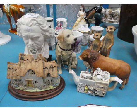 Six collectable ceramic and resin models incl Cottage, Animals, Goebel bust of Beethoven and Portmerio novelty small tea pot