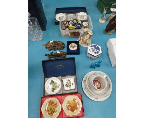 A mixed collection of enamel and other patch boxes, Royal Worcester trays, and other ornaments etc