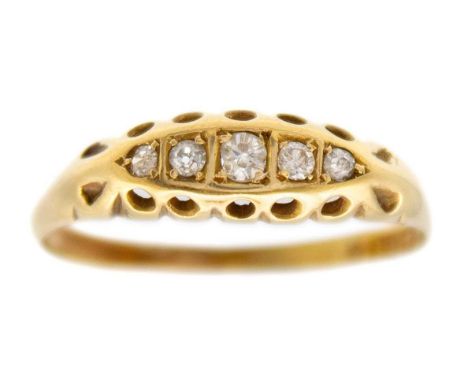 A Victorian 18ct diamond set five-stone ring. The boat shaped head set with graduated round cut diamonds, the largest of 0.05