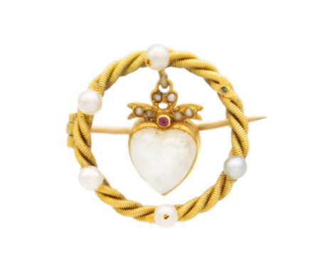 A Victorian high-purity gold heart-shaped moonstone, ruby and seed pearl set brooch. The circular wire twist frame, tested as