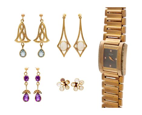 A selection of four 9ct pairs of gem-set earrings. To include a pair of Edwardian style amethyst and seed pearl set pendant e