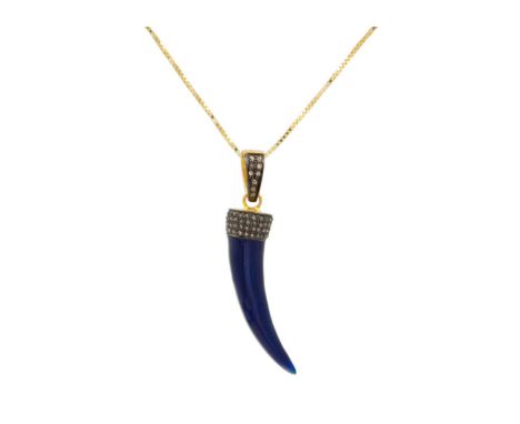 A dark blue enamel tiger tooth design pendant set with small rose cut diamonds. Set in yellow metal, length including bale 45