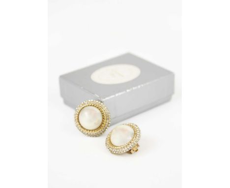 CHRISTIAN DIOR - A pair of gold-tone faux pearl and crystal set clip earrings. Stamped Chr. Dior, diameter 34mm, within origi