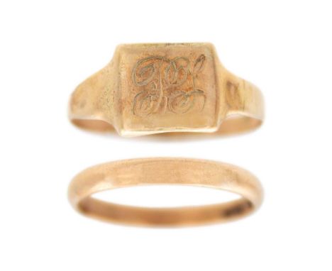 Two 9ct gold rings. To include a hallmarked band ring, size O 1/2, and a lady's signet ring, size N 1/2, total weight 2.7g.