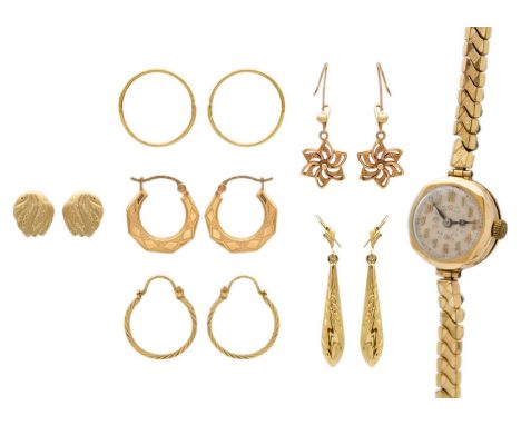A 9ct cased Buren lady's manual wind watch and a selection of 9ct earrings. The Buren hallmarked London 1927, on expanding go