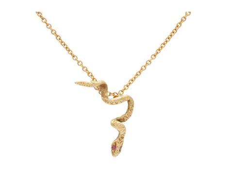 A modern 9ct hallmarked gold serpent pendant on 9ct fine trace necklace. The pendant with ruby set eyes, hallmarked London 19