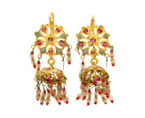 A pair of 22ct Indian ruby, turquoise and pearl set pendant earrings. With hook fittings, length of drop 50mm, 9.4g.