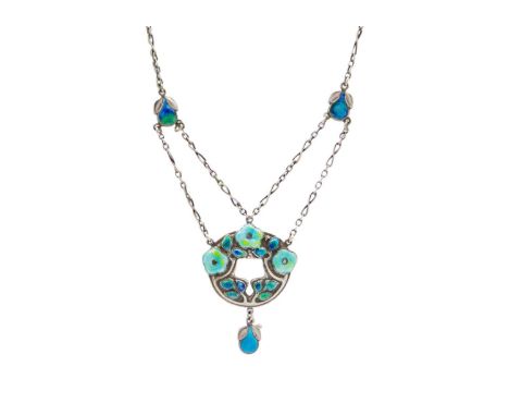 MURRLE BENNETT & Co - an Arts & Crafts silver and enamel floral necklace. The pendant decorated with blue and green enamel fl