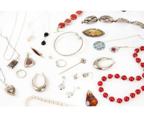 A selection of costume jewellery. To include a silver and red stone bead necklace, a Scandinavian 830 silver and enamel brooc