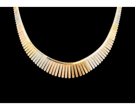 An Italian 18ct tri-colour gold graduated fringe choker necklace. With engine turned decoration, stamped 361VI 750, length 43