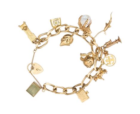 A 9ct curb-link charm bracelet. Applied with ten 9ct charms and an 18ct Royal Caribbean Cruise Lines charm, 9ct padlock clasp