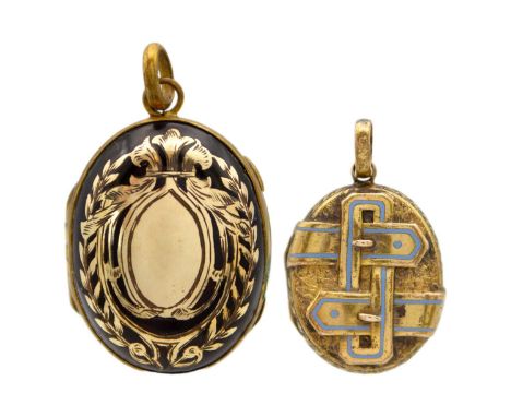 Two Victorian locket pendants. To include a gold and blue enamel buckle design oval locket, length including bale 32mm, 6.5g,