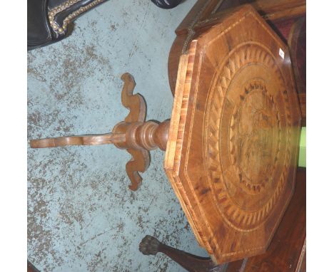 19thC pine Italian marquetry octagonal occasional table with central panel of birds surrounded by triple marquetry border on 