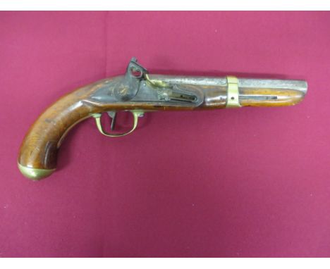 13 bore, 8 inch smoothbore barrel.  The top with Liege proof stamp.  French style lock plate with brass pan.  Ring neck flint