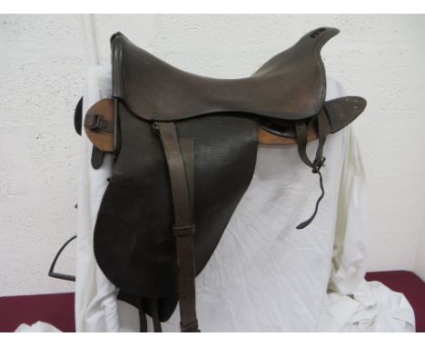 brown leather saddle and side flaps.  Front steel arch.  Lower wooden boards with rear leather fixings.  Steel fittings.  Lea