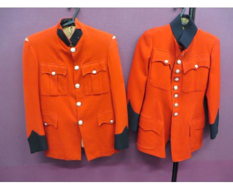 consisting scarlet single breasted, high collar tunic.  The collar with dark blue collar tabs.  Dark blue pointed cuffs.  Ple