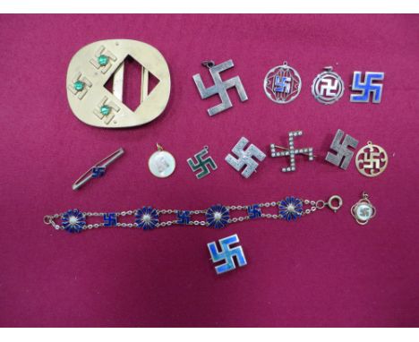 consisting 800 marked swastika pendant ... 2 x silver hallmarked lapel pin ... 2 x silver hallmarked and enamel lapel ... Sil