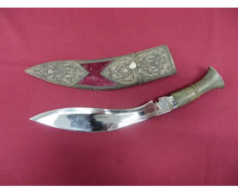 single edged chrome plated blade of typical form. Plated ferrule and flat pommel. Polished horn grip. Contained in its purple