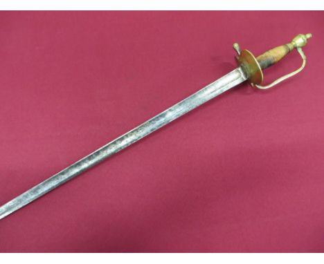 31 1/2 inch single edged, straight blade with large fuller.  Traces of gilt filled floral scrolls, royal coat of arms and cro