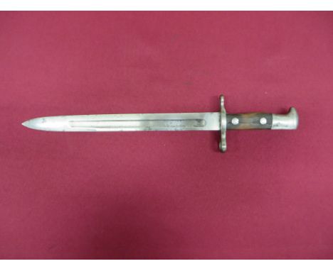 11 3/4 inch single edged blade with central fuller.  The forte stamped “US” and “1895”.  Steel muzzle ring crossguard.  Steel