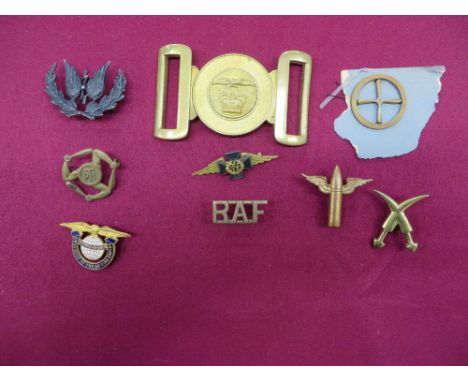 including brass Air Gunner winged bullet (3 lugs) ... Blackened Wireless Operator in a wreath ... Brass PTI ... Brass Apprent