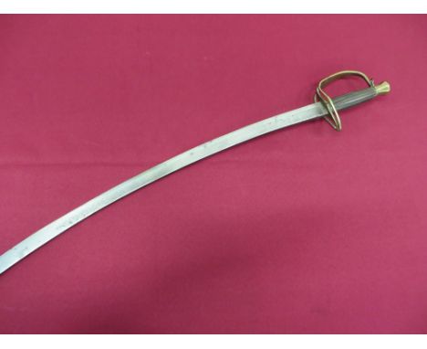 27 1/2 inch single edged, slightly curved blade with large fuller. Brass slot guard knuckle bow. Brass urn pommel. Polished w