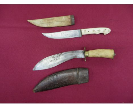 7 inch single edged blade of typical form. Narrow fuller. Brass S shape crossguard, ferrule and pommel. Bone grip. Contained 