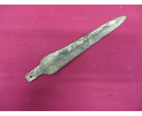 6 inch double edged bronze blade.  Lower flat joining shaft with securing hole.  Bronze now with heavy tarnishing and verdi g
