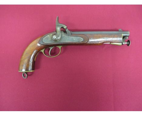 .650 calibre 8 inch smoothbore barrel. Blued barrel with proof marks and Indian script to the breech. Lower captive steel ram