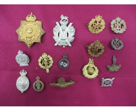 including Vic crown white metal KOSB (slider) ... White metal Harrow Rifles ... KC brass RFC ... KC brass 2 piece RAF Officer