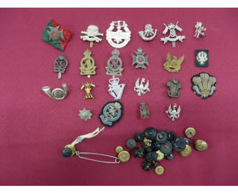 including white metal HLI bugle (lugs) ... KC bronzed Surrey VTC ... Vic crown East Surrey Volunteer Batt ... Tudor crown bi-