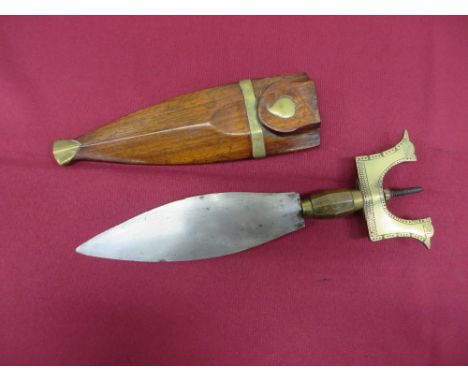 8 1/4 inch double edged leaf shape blade.  Brass ferrule.  Horn grip.  Large brass upturned wing pommel with geometric edge d