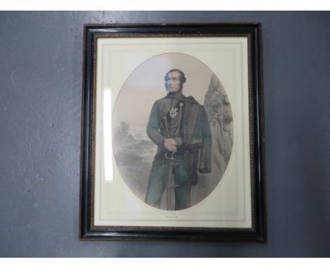 showing an Officer in full dress with crossbelt and Light Infantry sword.  Framed and glazed in a period style frame.   