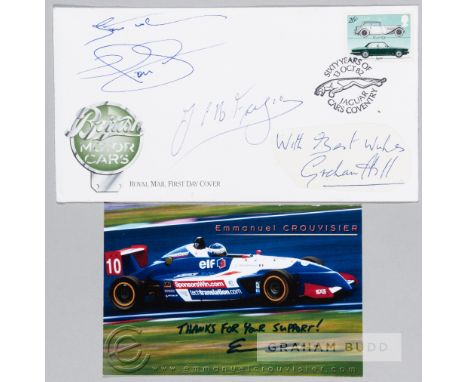 Juan Manuel Fangio, Emmanuel Crouvisier and Graham Hill signed Formula One First Day Cover, signed in blue pen, Graham Hill s